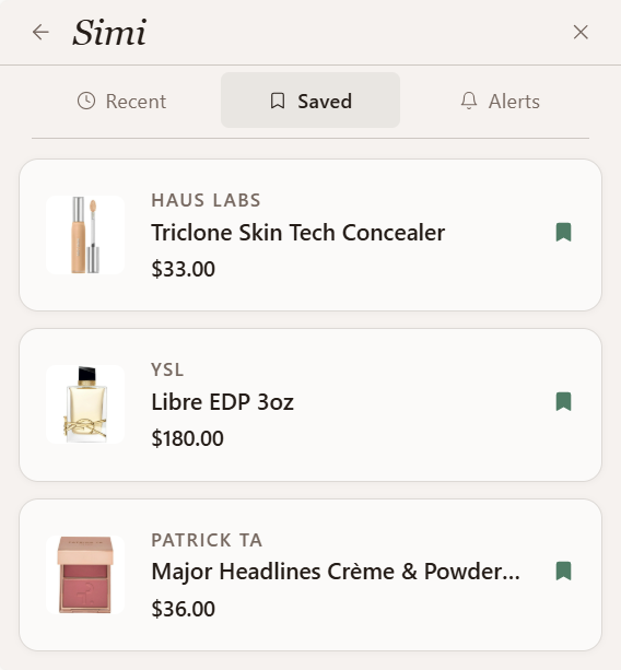Simi saved products popup
