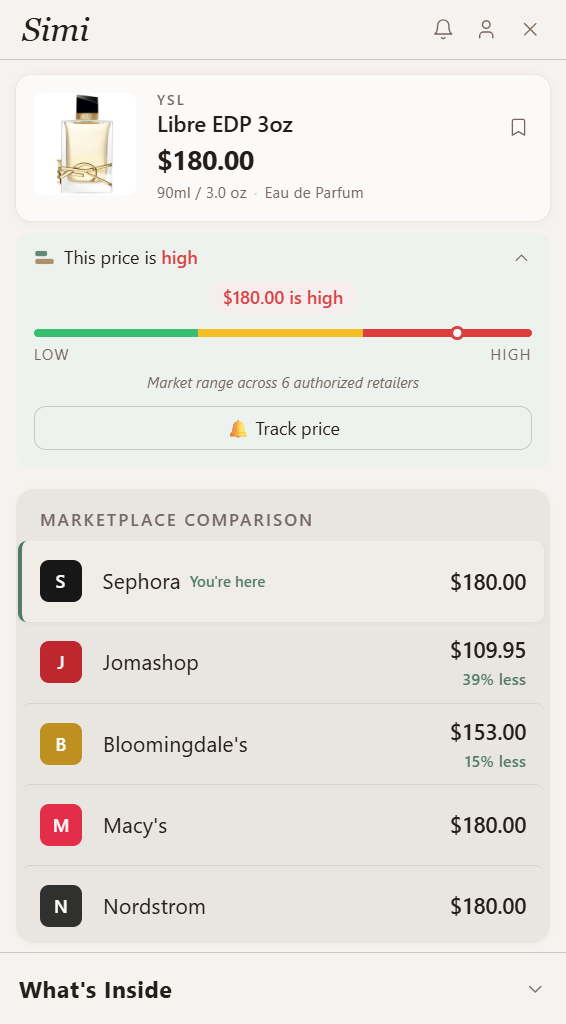Simi side panel showing marketplace price comparison