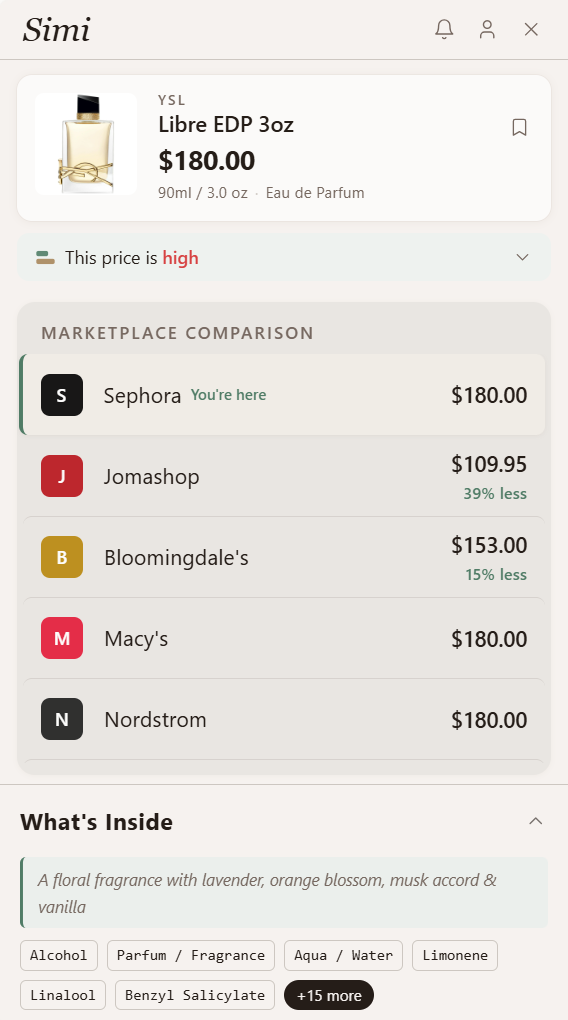 Simi panel showing product ingredients
